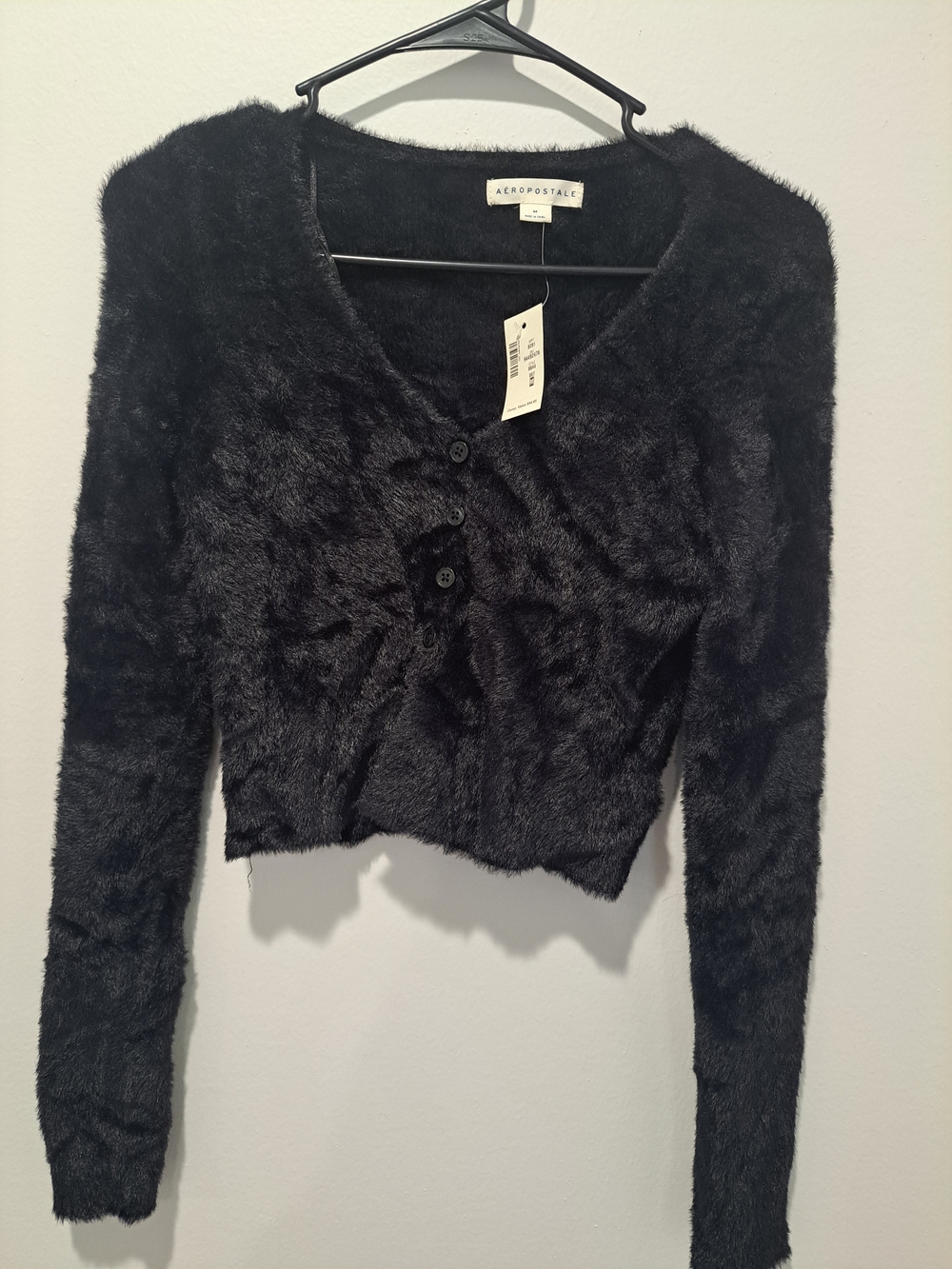 Aeropostale Black Fuzzy V-Neck Button-Front Sweater